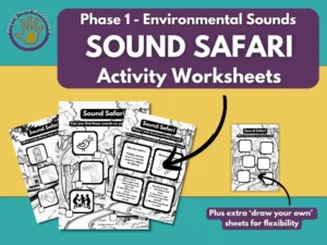 Free Phase 1 Environmental Sounds ‘Sound Safari’ printable phonics worksheets for outdoor sound activities.