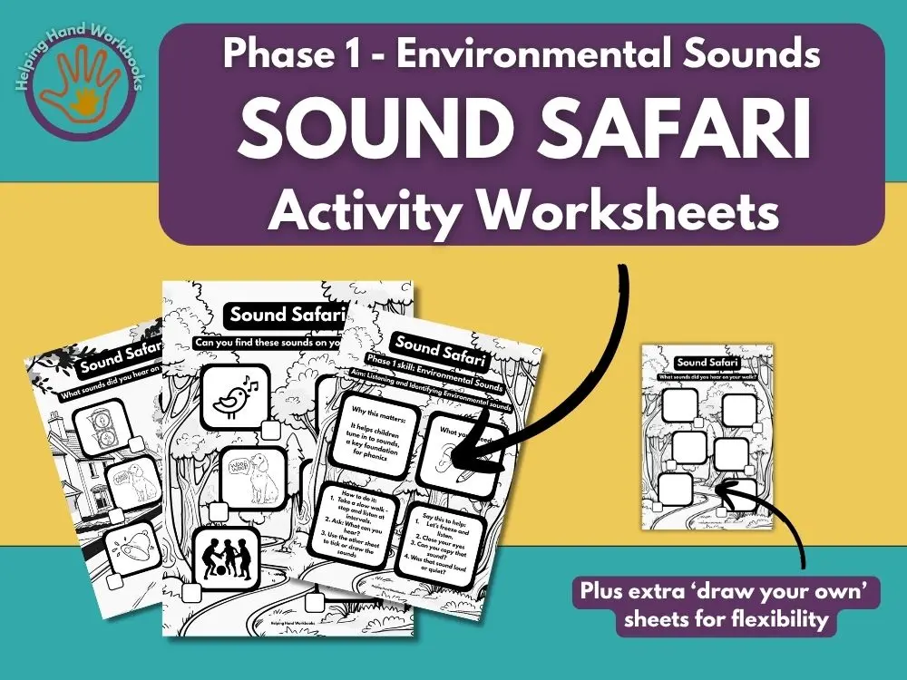 Free Phase 1 Environmental Sounds ‘Sound Safari’ printable phonics worksheets for outdoor sound activities.