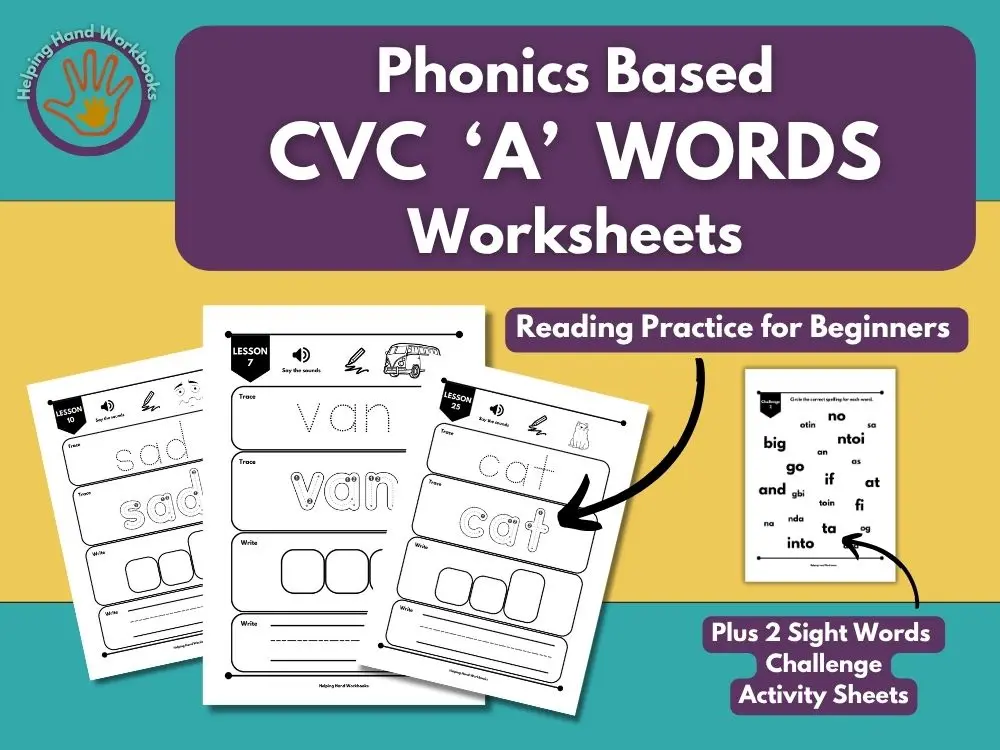 Free printable phonics CVC A Words worksheets for 3-5 year olds, reception and EYFS