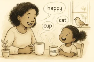 Mother and child talking over cups of tea and milk, using everyday conversation to build vocabulary and early phonics skills