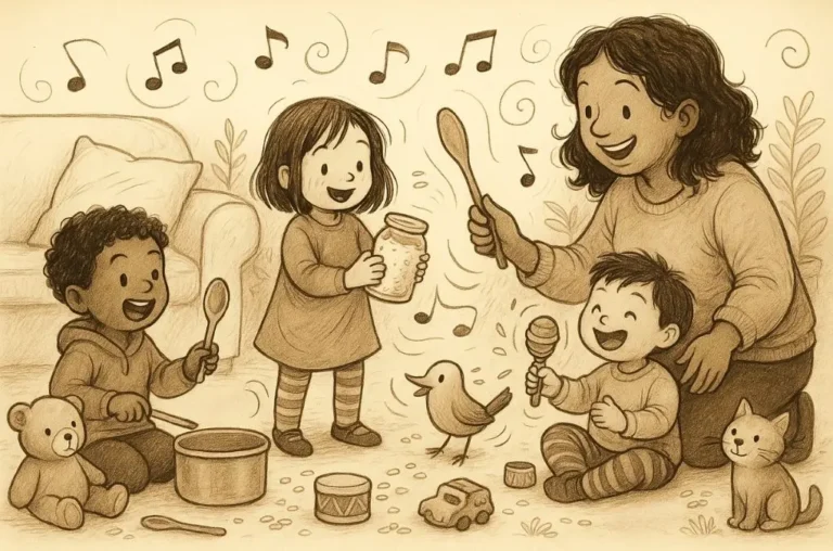 Children and parent playing homemade instruments together to build early phonics and listening skills through sound exploration