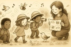 Children on a nature sound safari with adult guide, listening and exploring outdoor environmental sounds to develop early phonics skills