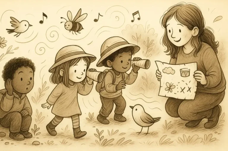 Children on a nature sound safari with adult guide, listening and exploring outdoor environmental sounds to develop early phonics skills