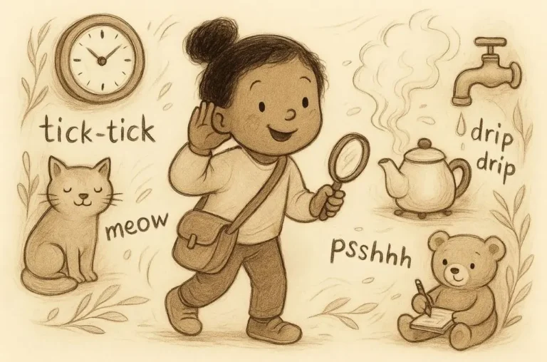 Child exploring everyday environmental sounds with a magnifying glass, surrounded by illustrations of a clock, cat, kettle, and tap for early phonics learning