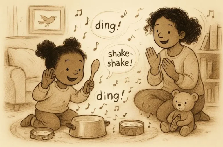 Child playing homemade instruments with a parent using pots, spoons, and shakers to explore instrumental sounds in early phonics learning