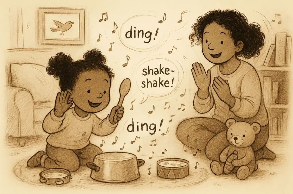 Child playing homemade instruments with a parent using pots, spoons, and shakers to explore instrumental sounds in early phonics learning