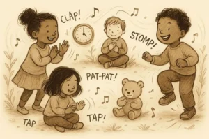 Group of children clapping, stomping, and tapping in rhythm to explore body percussion and sound patterns in early phonics learning
