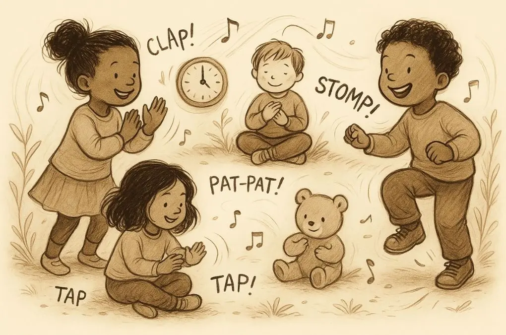 Group of children clapping, stomping, and tapping in rhythm to explore body percussion and sound patterns in early phonics learning