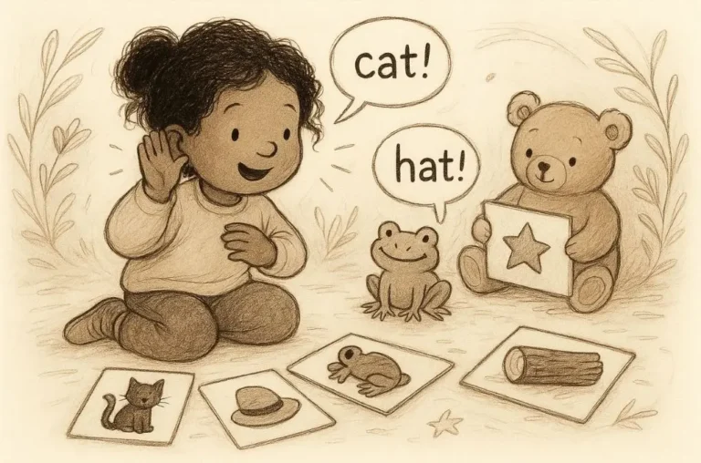 Child playing a rhyming game with picture cards, matching words like cat and hat to build early phonics and rhyme awareness