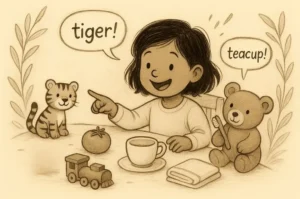 Child pointing at toys and naming objects like tiger and teacup while playing an alliteration phonics game with a teddy bear