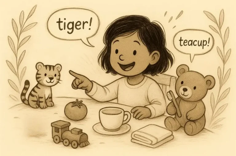 Child pointing at toys and naming objects like tiger and teacup while playing an alliteration phonics game with a teddy bear