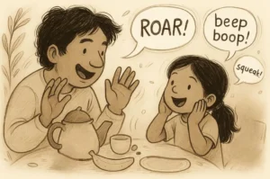 Parent and child making playful voice sounds like roar, beep, and squeak to explore Phase 1 phonics and build early speech confidence