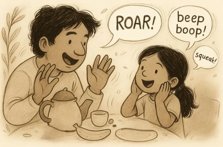 Parent and child making playful voice sounds like roar, beep, and squeak to explore Phase 1 phonics and build early speech confidence