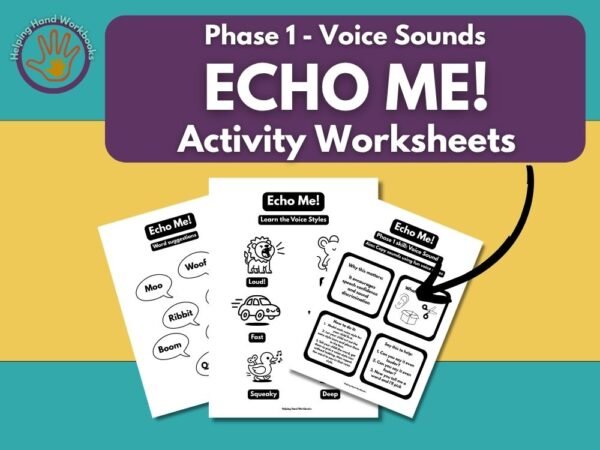 Free Phase 1 Voice Sounds ‘Echo Me!’ printable phonics worksheets for exploring fun voice styles.
