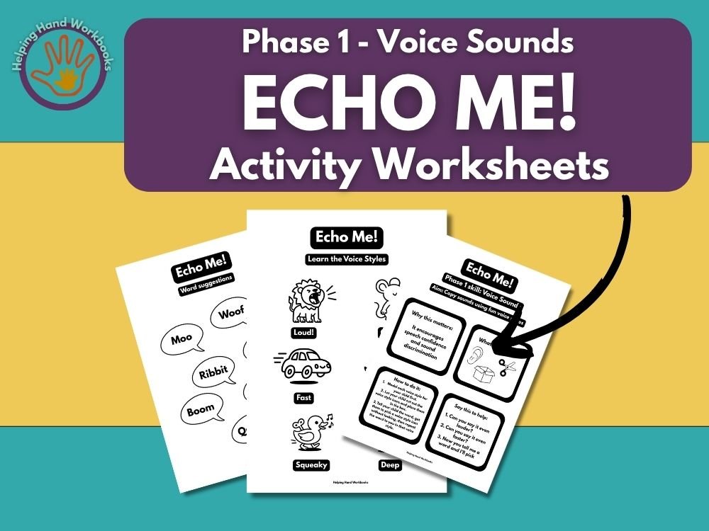 Free Phase 1 Voice Sounds ‘Echo Me!’ printable phonics worksheets for exploring fun voice styles.