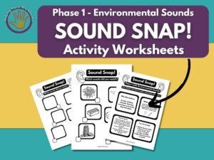 Free Phase 1 Environmental Sounds ‘Sound Snap!’ printable phonics worksheets for sound matching games.
