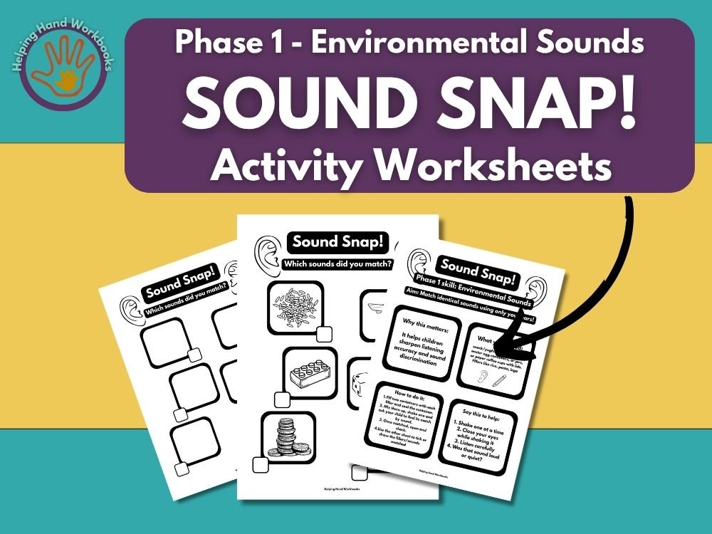 Free Phase 1 Environmental Sounds ‘Sound Snap!’ printable phonics worksheets for sound matching games.