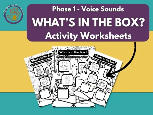 Free Phase 1 Voice Sounds ‘What’s in the Box?’ printable phonics worksheets for animal sound activities.