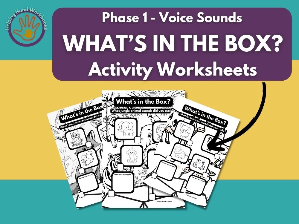 Free Phase 1 Voice Sounds ‘What’s in the Box?’ printable phonics worksheets for animal sound activities.