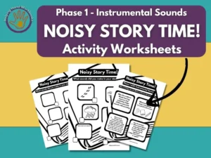 Free Phase 1 Instrumental Sounds ‘Noisy Story Time’ printable phonics worksheets for storytelling with sounds.
