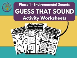 Free Phase 1 Environmental Sounds ‘Guess That Sound’ printable phonics worksheets for listening games.