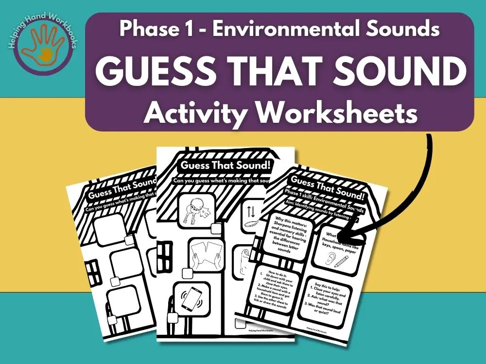 Free Phase 1 Environmental Sounds ‘Guess That Sound’ printable phonics worksheets for listening games.
