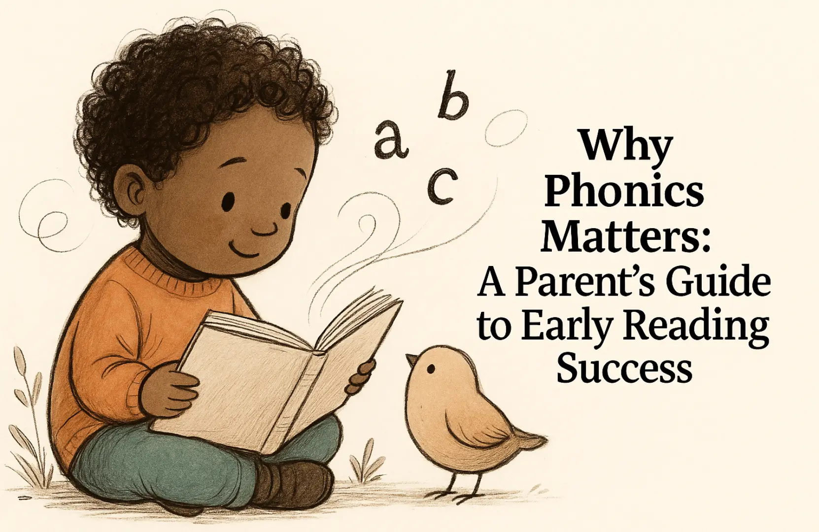 Young child reading a book with a bird beside them, illustrating early phonics learning and parent-led reading support