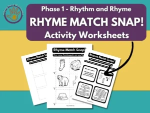 Free Phase 1 Rhythm and Rhyme ‘Rhyme Match Snap!’ printable phonics worksheets for matching rhyming words and pictures.
