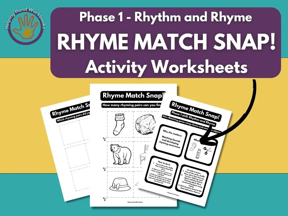 Free Phase 1 Rhythm and Rhyme ‘Rhyme Match Snap!’ printable phonics worksheets for matching rhyming words and pictures.