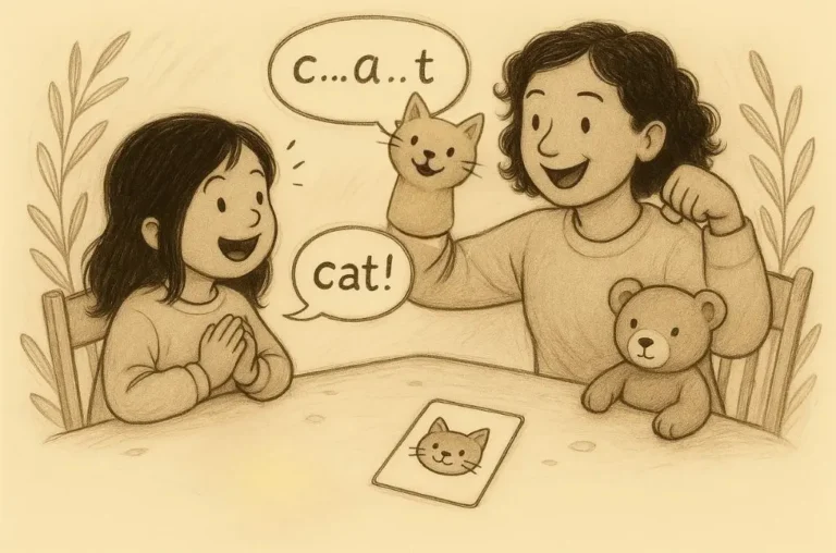 Parent using a cat puppet to teach oral blending in phonics while child listens and blends sounds c-a-t into the word cat