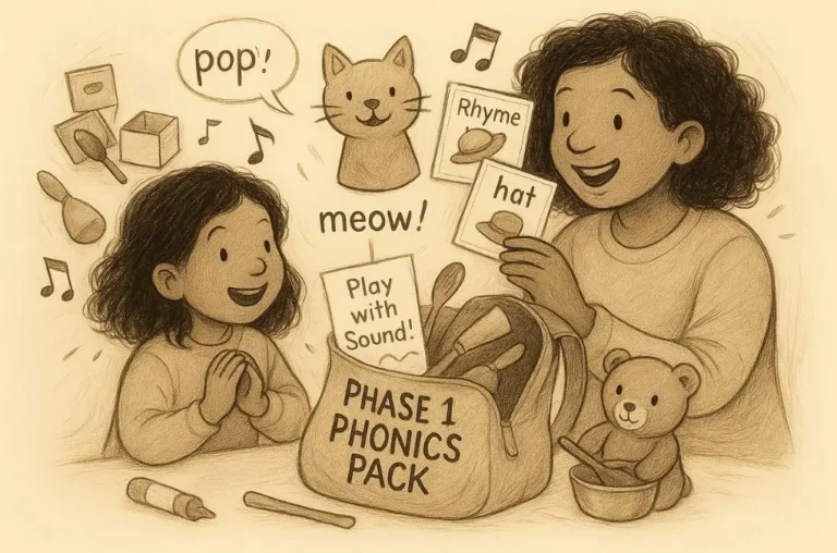 Parent and child exploring Phase 1 phonics with activity pack including rhyme cards, sound play, and listening games for early reading