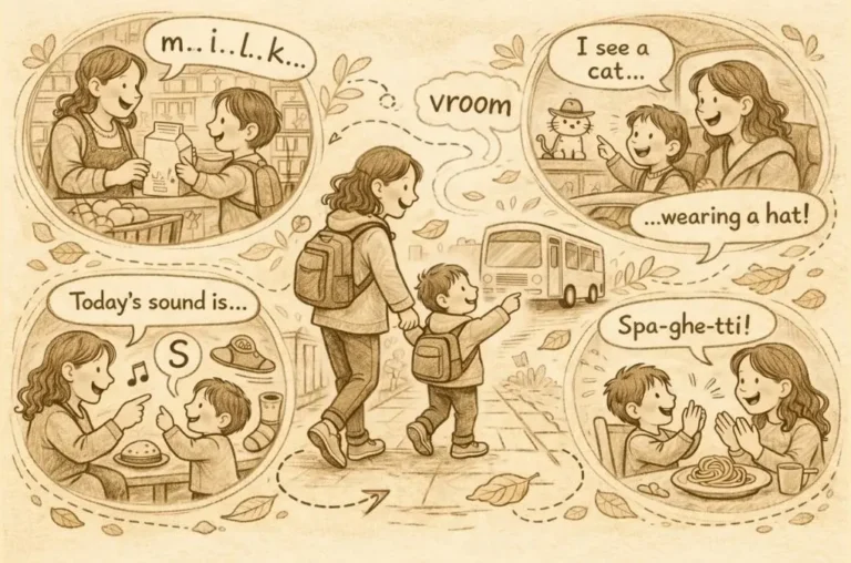 Parent and child practicing phonics in everyday routines like shopping, walking, and mealtimes using rhyme, blending, and sound games