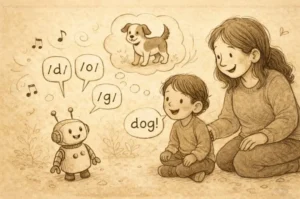 Child practising oral blending in phonics by blending sounds d-o-g to say “dog”