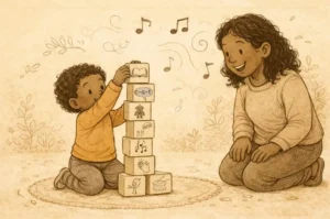 Parent joyfully watching child stack blocks representing the stages of phonological awareness to reading with phonics