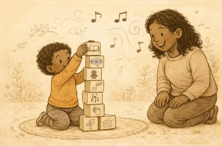 Parent joyfully watching child stack blocks representing the stages of phonological awareness to reading with phonics