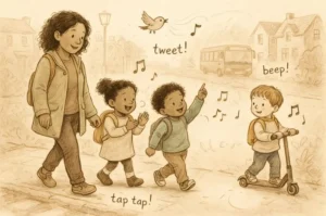 children noticing sounds on the walk to school