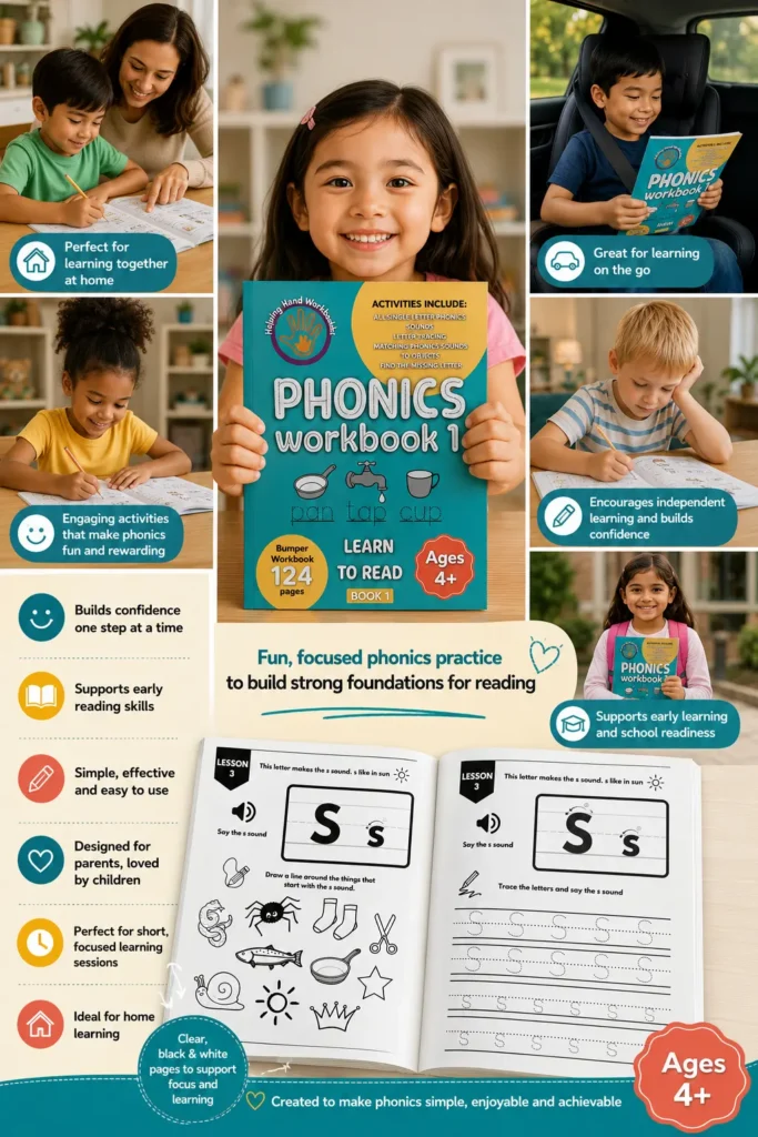 Helping Hand Workbooks Phonics Workbook 1 helping children aged 4+ develop phonics and early reading skills through engaging, practical workbook activities at home and on the go.