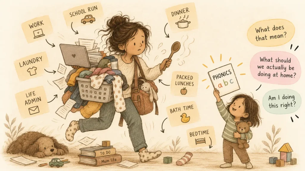 Illustration of a busy parent juggling work, laundry, dinner, school runs and family life while their child arrives with phonics to practise.