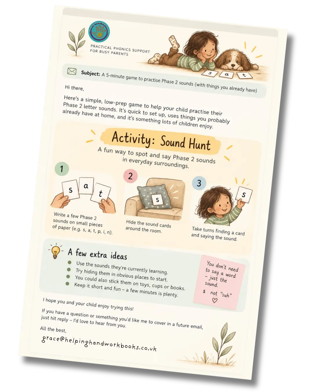 Example email with a quick, low-prep Phase 2 sound hunt activity for practising letter sounds at home.
